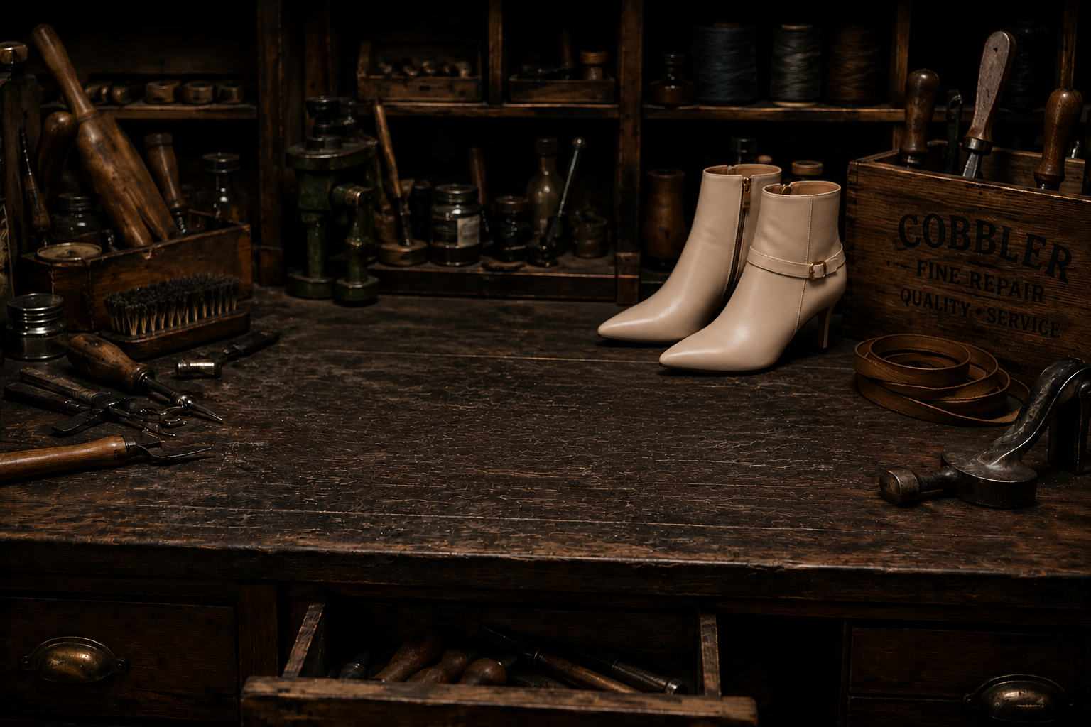 A pair of women's ankle boots on the workbench at Renew It Shoe Repair in Nanuet, New York, surrounded by cobbler's hammers, brushes and leather straps.