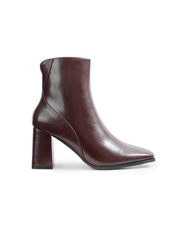 Coffee brown square-toe block heel ankle boots, side view