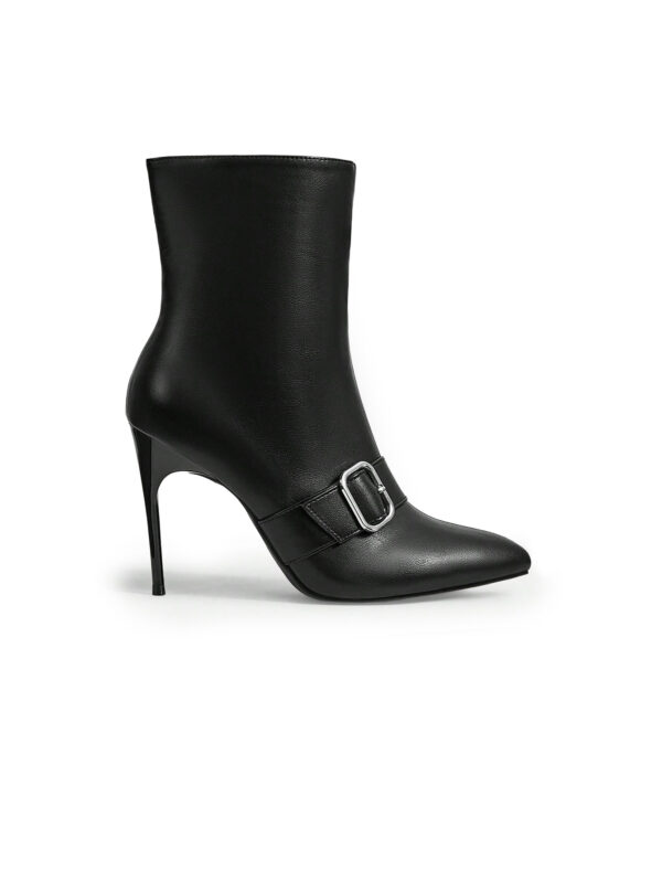 Black buckle-detail stiletto mid-calf boots, side view
