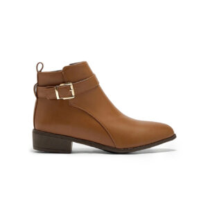 Brown Buckle-Strap Low-Heel Ankle Boots — Women's Everyday Wear