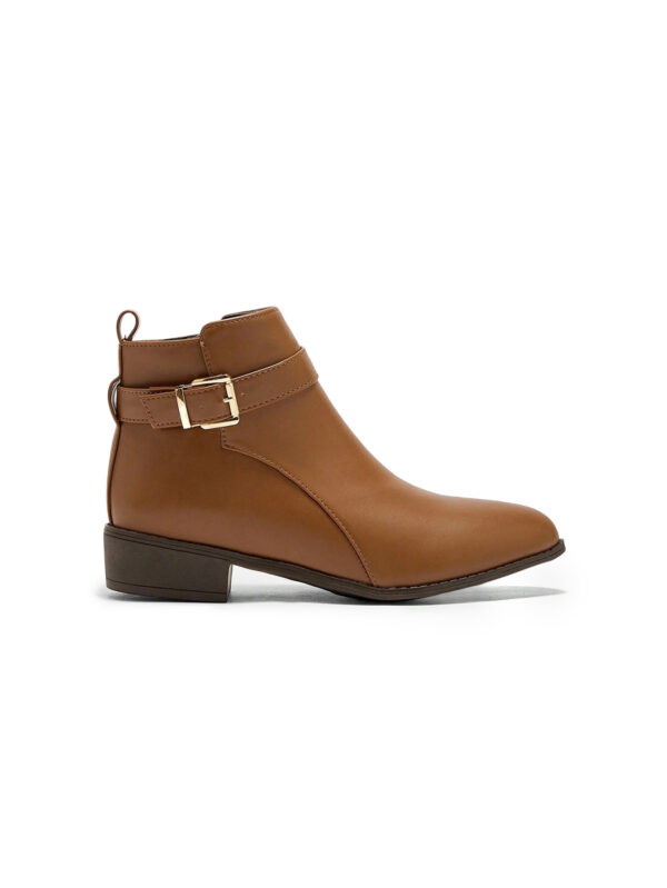 Brown buckle-strap low-heel ankle boots, side view