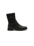 Black Buckle-Strap Flat Mid-Calf Boots — Women's Casual Everyday