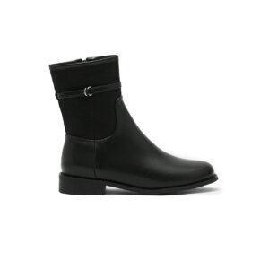 Black Buckle-Strap Flat Mid-Calf Boots — Women's Casual Everyday