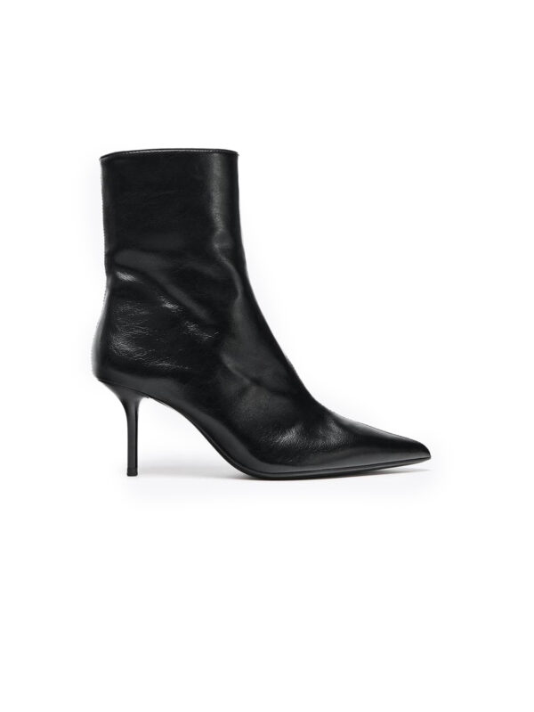 Black pointed-toe stiletto mid-calf boots, side view