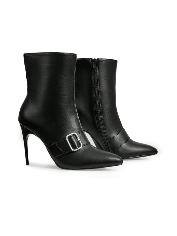 Black Buckle-Detail Stiletto Mid-Calf Boots — Women's Workday Style