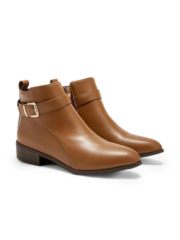 Brown Buckle-Strap Low-Heel Ankle Boots — Women's Everyday Wear