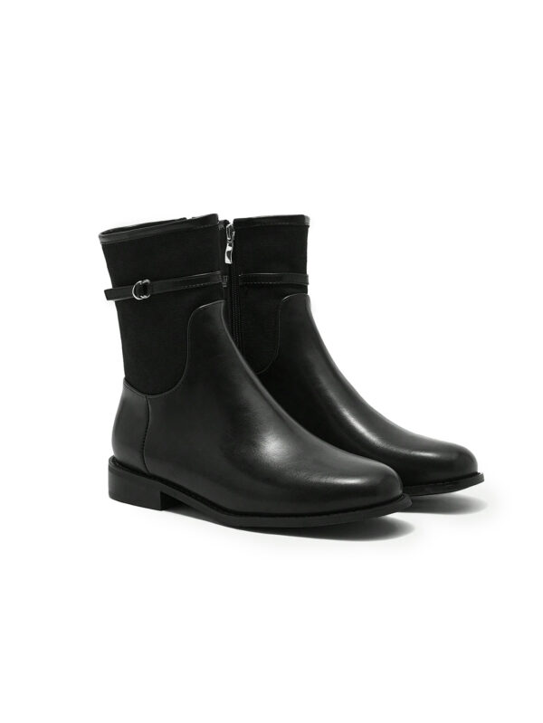 Black Buckle-Strap Flat Mid-Calf Boots — Women's Casual Everyday