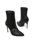 Black Buckle-Detail Stiletto Mid-Calf Boots — Women's Workday Style