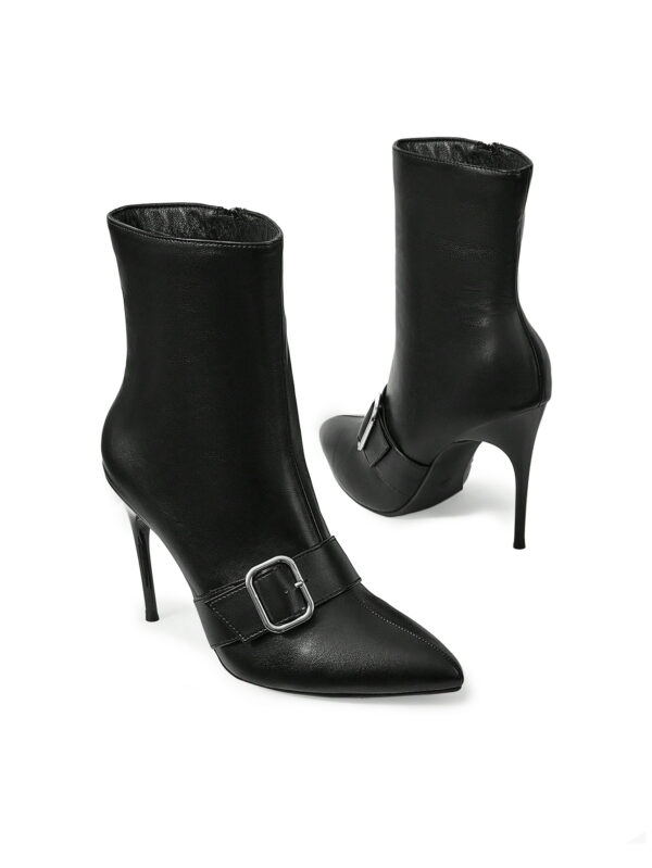 Black Buckle-Detail Stiletto Mid-Calf Boots — Women's Workday Style