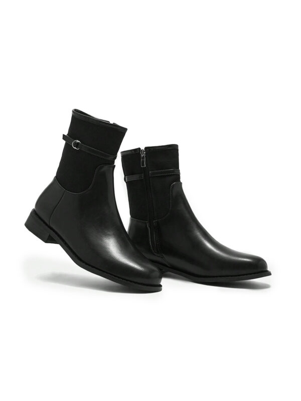 Black Buckle-Strap Flat Mid-Calf Boots — Women's Casual Everyday